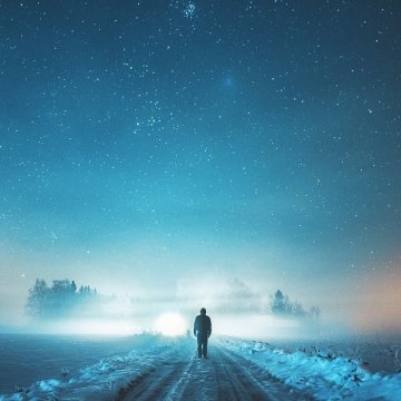 blue sky night man on road photo book